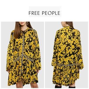 Free People Yellow and Black Tiered Sundress with Bishop Sleeves M
